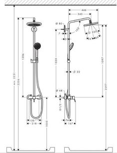 the shower head and handset are shown with measurements