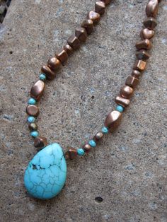 Turquoise Gemstone Beaded Necklaces With Teardrop Shape, Turquoise Teardrop Gemstone Beaded Necklaces, Turquoise Teardrop Gemstone Beaded Necklace, Adjustable Teardrop Turquoise Necklace, Turquoise Choker, Necklace Ideas, Copper Finish, Choker Necklaces, Turquoise Beads