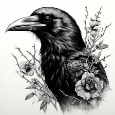 a drawing of a black bird with flowers in it's beak