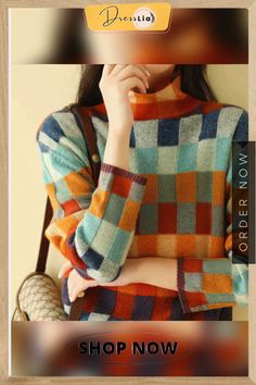 Casual and Stylish Winter Pullover Fall Color Matching Tops, Fall Color Matching Sweater For Layering, Plaid Crew Neck Sweater For Fall, Cozy Multicolor Long Sleeve Tops, Fall Crew Neck Sweater With Color Matching, Cozy Plaid Long Sleeve Sweater, Cozy Multicolor Winter Tops, Plaid Sweater For Fall, Cozy Winter Sweater With Color Matching