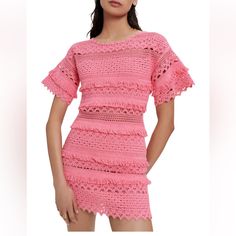 -New With Tag -Size - 36 (Us -S) -Composition: 65% Cotton, 35% Polyamide -Short Sleeve -Decorative Knit -Mini -Zip Closure -Round Neckline -Item Comes From A Smoke / Pet Free Home Pink Mini Length Crochet Summer Dress, Casual Pink Knit Mini Dress, Mini Pink Dress, Pink Fitted Crochet Mini Dress, Fitted Crochet Dress With Scalloped Lace, Mini Length, Maje Knit Dress, Cream Midi Dress, Maje Dress, Crochet Knit Dress