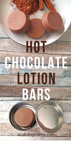 hot chocolate lotion bars on a plate with cinnamons