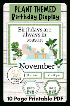 a birthday card with plants on it and the words plant themed birthday display in green