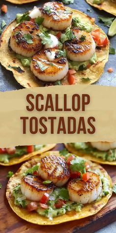 scallop tostadas with avocado, tomatoes and lettuce