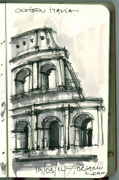 a drawing of an old building with lots of windows