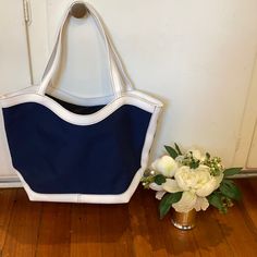 This Bag Is Brand New - Navy Blue And White Tote. Chic Blue Canvas Shoulder Bag, Chic Blue Canvas Bag With Large Capacity, Chic Blue Canvas Bag For Travel, Chic Large Capacity Blue Canvas Bag, Blue Canvas Tote Beach Bag, Blue Canvas Tote Shoulder Bag, Chic Blue Rectangular Canvas Bag, Blue Canvas Beach Tote Bag, Blue Canvas Beach Bag For Shopping