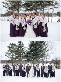 the bride and grooms are posing for pictures in the snow