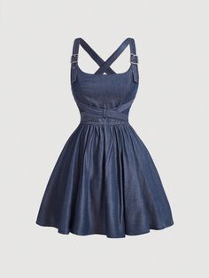 Dark Grey Casual Collar Sleeveless Woven Fabric Plain Pinafore Embellished Non-Stretch  Women Clothing Old Money Style Casual, Clothes Old Money, Back To School Clothes, Blue Clothes, School Clothes, Fitted Mini Dress, Dress Back, Old Money Style, Vestidos Vintage