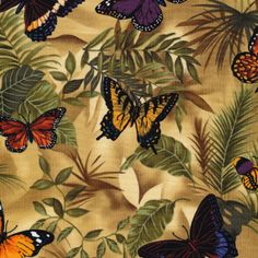 a bunch of butterflies that are flying over some leaves on a gold background with brown and orange colors