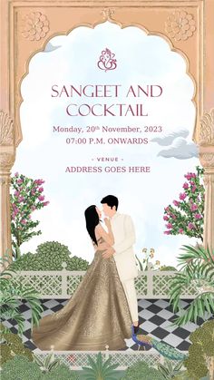 a couple kissing in front of an ornate frame with the words sangeet and cocktail on it