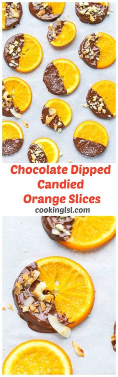 chocolate dipped candies with orange slices and nuts on top are ready to be eaten