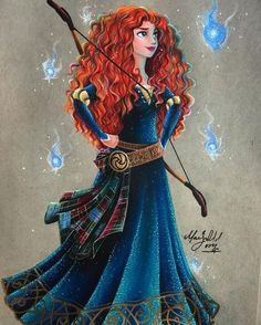 a painting of a woman with red hair holding a bow and arrow