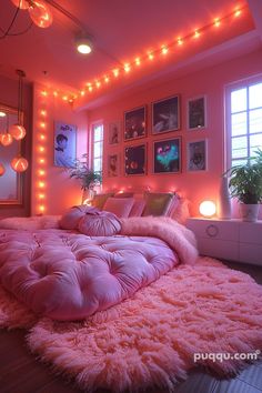 a bedroom with pink walls and lights on the ceiling is decorated in an unusual manner