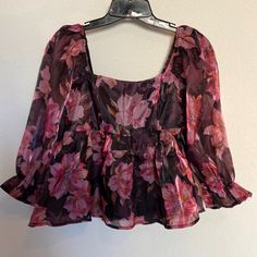 Nwt ~ Thirty/Thirty Top. Very Pretty, Shiny Pink Floral Baby Doll Top With Smocked Back. Casual Or Party *See Photos For Sizing Pink Floral Print Blouse For Party, Pink Floral Print Top For Night Out, Trendy Flowy Pink Tops, Flirty Pink Blouse For Day Out, Polka Dot Crop Top, Hippie Blouse, Baby Doll Top, Floral Ruffle Top, Peplum Styling