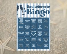 a blue and white striped poster on sand with starfish in the background that says bachelor bingo