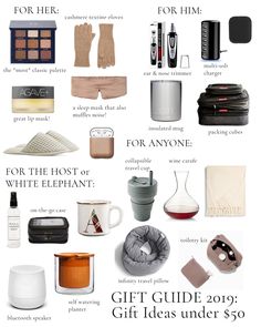 the gift guide for women under $ 50 is shown in black and white with text that reads