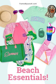 the beach essentials are on display in this advertisement