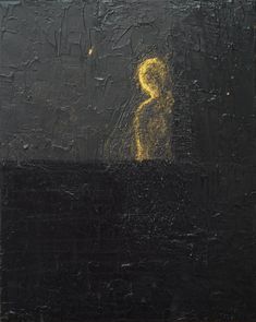 an abstract painting with yellow paint on black and white paper, depicting a person standing in the dark