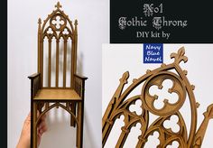 a wooden chair that is next to a sign with the words gothic throne diy kit by