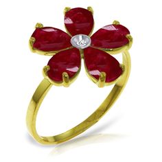 Item: 3417 Description 14k. Solid Gold Ring With Natural Diamond & Rubies (Yellow Gold) Original Ring Size 6.0 (More Sizes Upon Request) Item Information Metal: 14k. Solid Gold Metal Weight: 2.00 Gr. Diamonds 1 Round Cut, K-M Color, Si-2 Clarity = 0.02 Ct Gemstones 5 Pear Shape, 6x4 Mm, Ruby = 2.20 Ct Measurements Height: 0.77 In ( 19.6 Mm) Width: 0.55 In ( 14 Mm) Gold Flower Ring With Ruby Gemstone, Fine Jewelry Ruby Ring In Yellow Gold, 14k Yellow Gold Flower Ring With Prong Setting, Yellow Gold Ruby Ring Fine Jewelry, Yellow Gold Pear-shaped Ruby Ring, Yellow Gold Flower Ring With Prong Setting, Elegant Gold Flower Ring With Ruby, Yellow Gold Ruby Ring With 17 Jewels For Gift, Gold Ruby Ring Fine Jewelry