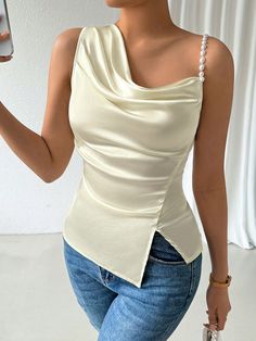 Apricot Casual Collar Sleeveless Polyester Plain Top Embellished Slight Stretch  Women Clothing Pearl Straps, Sleeveless Chiffon Blouse, Professional Outfits Women, Fancy Tops, Evening Tops, Fancy Blouses, Fancy Blouse Designs, Plain Tops, Ruffle Collar