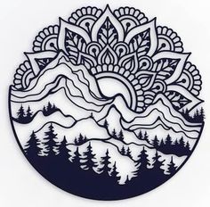 a circular cutout with trees and mountains in the background, on a white wall