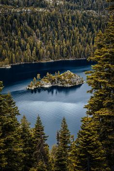 a small island in the middle of a lake surrounded by pine trees and evergreens