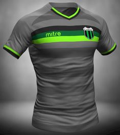 a grey and green striped shirt with the word mitre on it's chest