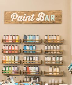 the paint bar is stocked with all kinds of craft supplies