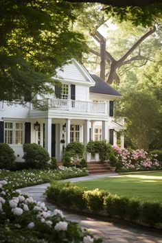 a white house surrounded by flowers and trees