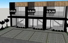 an architectural rendering of a building with three floors and four windows that read, loja, lao, and la