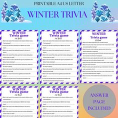 printable winter trivia game for kids to play on the snow covered ground with trees