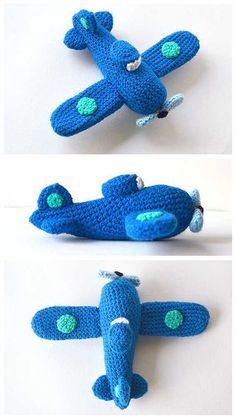 two pictures of an airplane made out of crochet