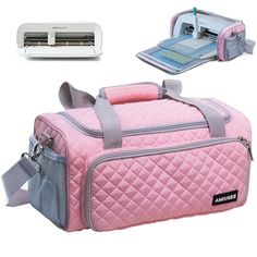 a pink quilted bag with an ironing board in the back