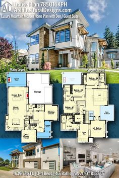 two story house plan with 3 car garage and attached living room, laundry room and kitchen