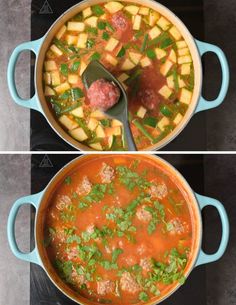 two pictures showing the same pot of soup with meatballs and vegetables in it, one has