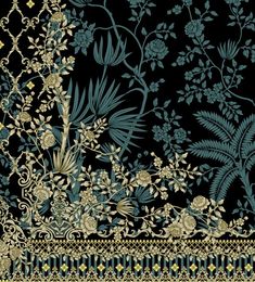 a black background with blue and gold flowers, leaves and vines on it's border