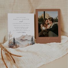 an image of a couple on their wedding day with the save the dates card and photo