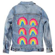 Denim INK CatCoq Artwork on Denim Jacket Rainbow Design Fun Multicolor Cotton Outerwear, Multicolor Denim Jacket With Graphic Print, Fun Cotton Denim Jacket For Fall, Multicolor Denim Outerwear With Graphic Print, Multicolor Graphic Print Denim Jacket, Multicolor Graphic Print Denim Jacket For Spring, Multicolor Graphic Print Long Sleeve Denim Jacket, Fun Spring Denim Jacket, Artistic Denim Outerwear For Spring