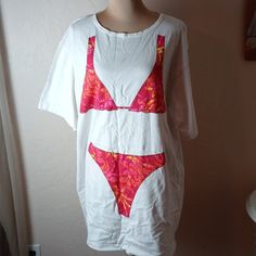 New With Tags White Long Tee Shirt With Red, Pink, Yellow And Orange Bikini Print In Front And Back Short Sleeves 100% Cotton Machine Washable One Size Smoke Free Home Fast Shipping Long Tee Shirt, Swimsuit Coverups, Long Tee Shirts, Long Tee, Screen Print, Pink Yellow, Womens Swim, Tee Shirt, Milan