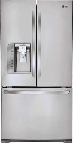 a stainless steel refrigerator freezer with water dispenser and ice maker on the door