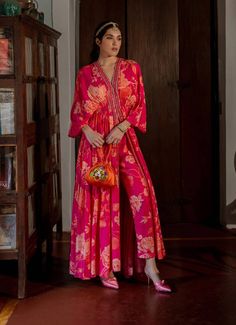 Paulmi & Harsh | Pink Flourishing Floral Kaftan With Pants | INDIASPOPUP.COM Paulmi And Harsh, Pink Kaftan, Kaftan Set, Pencil Pant, Kaftan Designs, Dress And Jacket Set, Embroidered Border, Party Wear Indian Dresses, Dress Indian Style