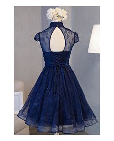 Shop cheap retro a-line high neck knee-length homecoming dress with lace online. Custom-made any plus size or color. Pro since 2009. Blue Homecoming Dresses Short, Vintage Homecoming Dresses, Navy Homecoming Dress, Navy Blue Homecoming Dress, Knee Length Prom Dress, Homecoming Dresses For Teens, Homecoming Dress Short, Homecoming Dresses Lace, Blue Homecoming Dresses