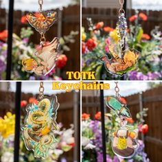 four pictures of keychains with different designs on them and flowers in the background