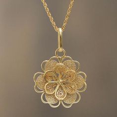 Gold Plated Silver Peruvian Filigree Flower Necklace - Yellow Rose | NOVICA Picture Pendant Necklace, Filigree Jewelry, Gold Pendant Jewelry, Silver Jewels, Sterling Silver Filigree, Bridal Gold Jewellery, Silver Filigree, Simple Jewelry, Gold Jewelry Fashion