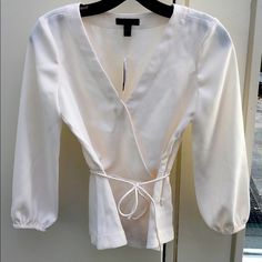 Nwt Aside Zip Belted Blouse Spring Formal Wrap Blouse, Spring Season Formal Wrap Blouse, White Wrap Blouse For Workwear, White Wrap Blouse For Work, White Fitted Wrap Blouse, Fitted White Wrap Blouse, White Wrap Tops For Brunch, White Wrap Top For Brunch, Belted Blouse