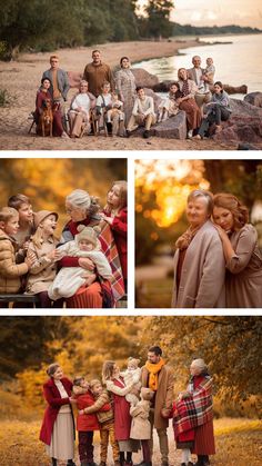 the family is posing for pictures on the beach and in front of the water with their children