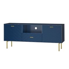 the sideboard is blue and has gold legs