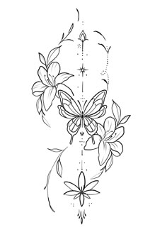 a black and white drawing of flowers on a wind chime with stars in the background