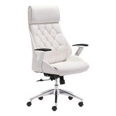 a white office chair with wheels on the back and armrests, in an upholstered position